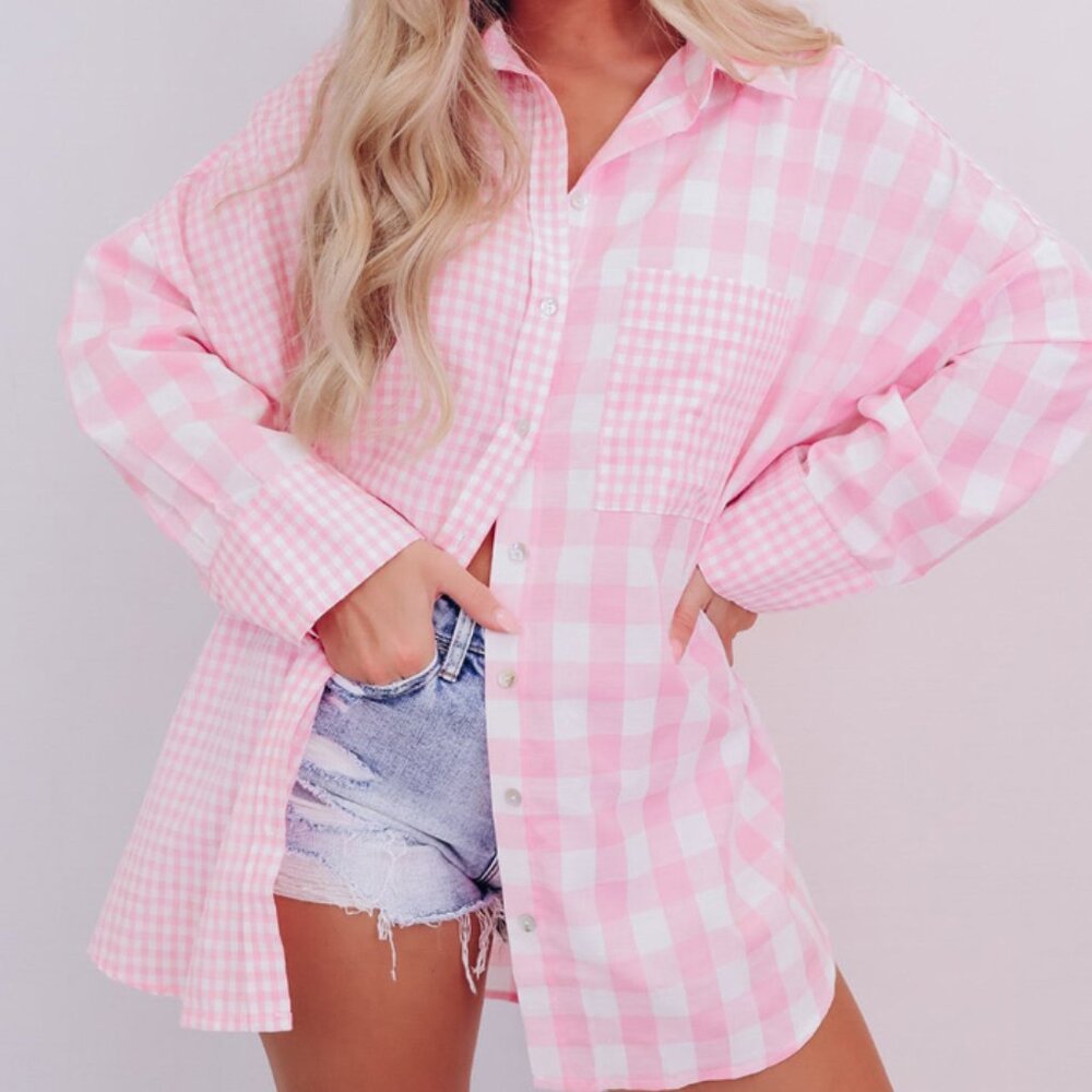 Pink Mix Checked Patchwork Long Sleeve Shirt "PINK"
